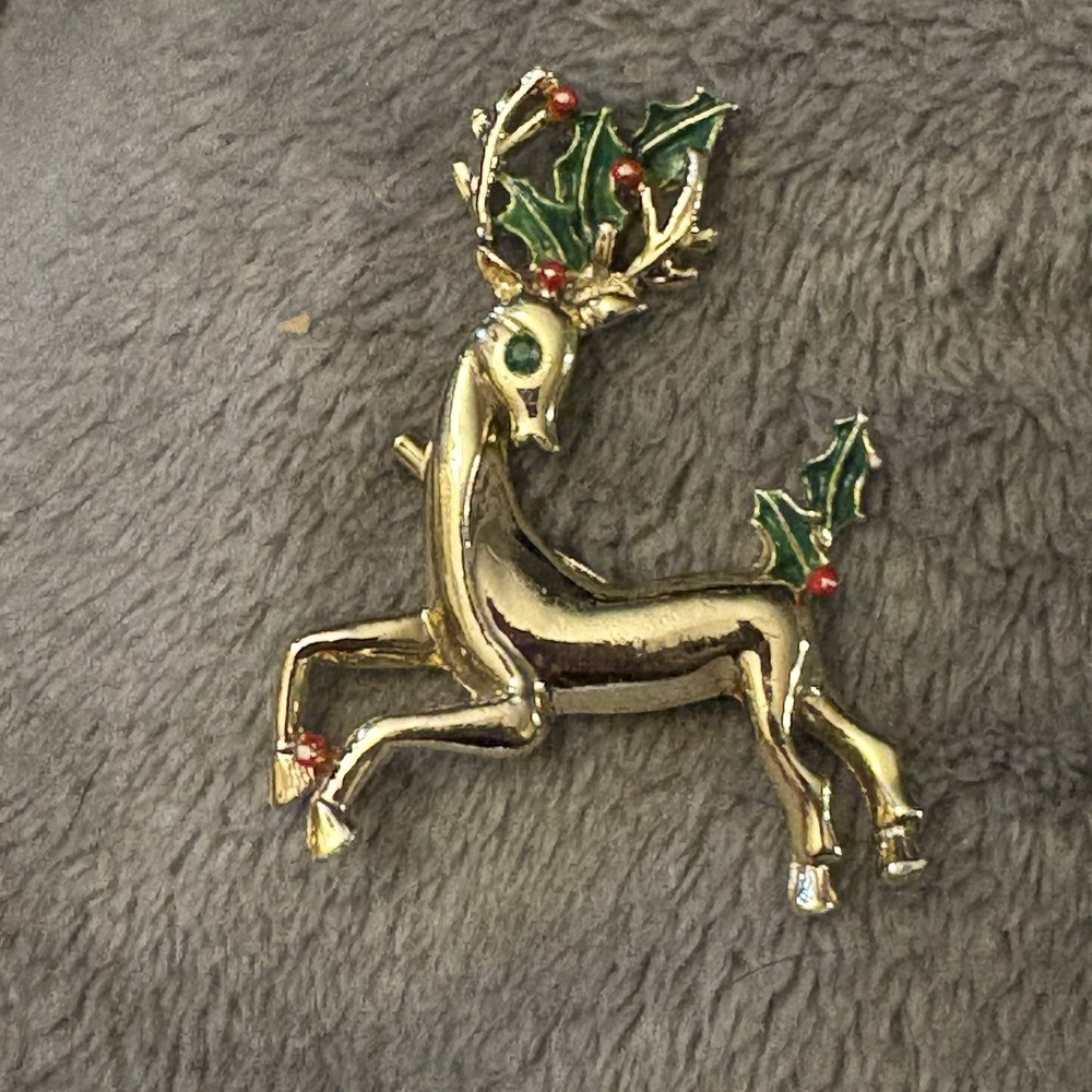 VTG 60s Gerry's Reindeer Brooch Pin Holly Christmas Holiday Gold‎ Tone 70s Retro